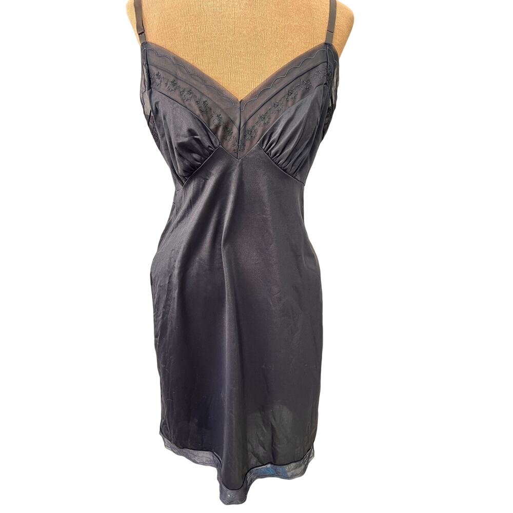Vintage black slip dress Hollywood Vassarette mesh lace trim lingerie goth